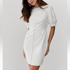 ASOS DESIGN white contrast stitch mini dress with puff sleeves